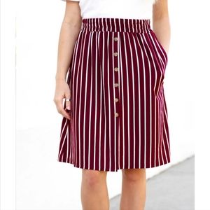 Tickled Teal button front Midi Skirt Maroon and white stripe-Large